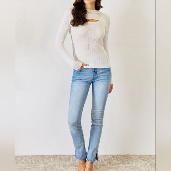 🎁3/$30🎁  J.NNA  Long Sleeve Cutout Cream  Color Womrn's Top sz  Lg - Picture 3 of 6